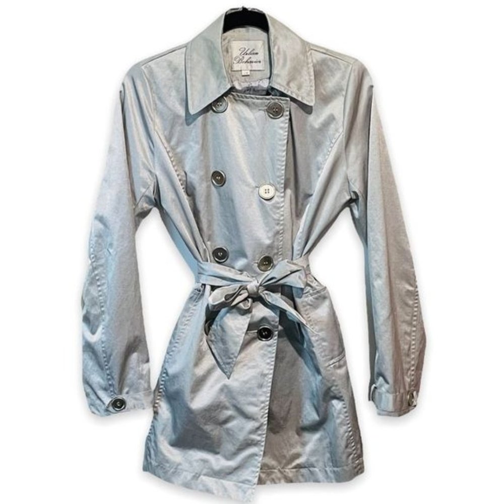 Urban Behaviour Silver Metallic Trench Coat Tie Double Breasted SZ Large